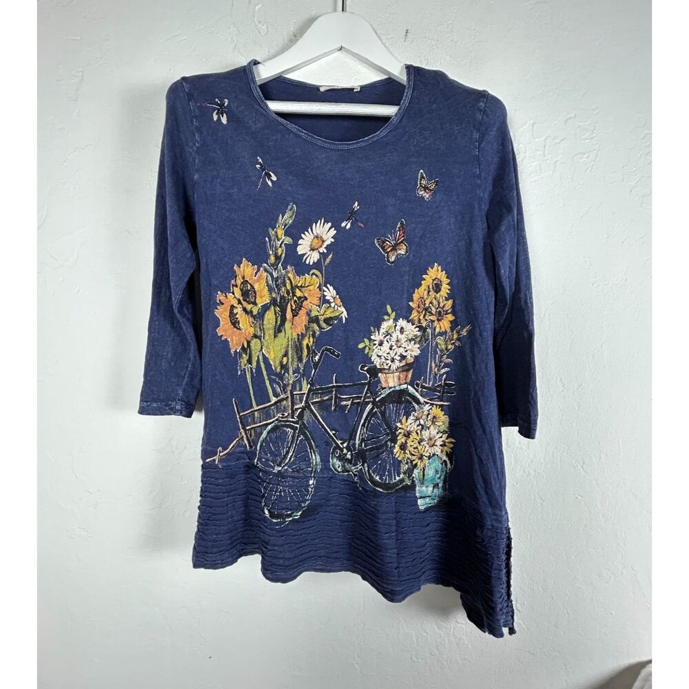 Jess & Jane Womens Small Blue Floral Bicycle 3/4 Sleeve Asymmetric Tunic Top